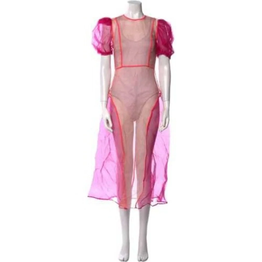 Celia B Nammu Silk Pink Peach Organza Colorblock Puff Sleeve Sheer Midi Dress